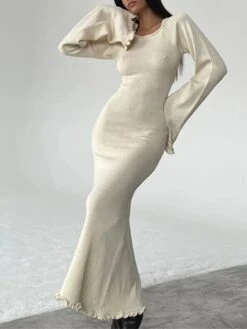 Women's Sweater Dress Jumper Dress Casual Dress Long Dress Maxi Dress Active Pure Color Outdoor Casual Holiday Vacation Crew Neck Long Sleeve Ruffle 2023 Slim White Dark Gray Beige S M L -Tesla Style pdhewj1692090300051