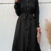 Women's Work Dress Casual Dress Black Dress Fashion Office Daily Workfashion Midi Dress Lace Up Button Shirt Collar Long Sleeve Plain Loose Fit Black Fall Winter S M L XL -Tesla Style pdkxty1695105089515