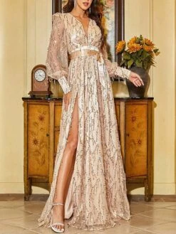 Women's Party Dress Sequin Dress Homecoming Dress Long Dress Maxi Dress Black Gold Long Sleeve Pure Color Sequins Fall Winter Autumn Deep V Modern Winter Dress Fall Dress 2023 S M L XL -Tesla Style pdohls1693535281548