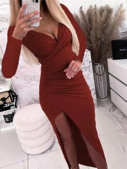 Women‘s Party Dress Wedding Guest Dress Bodycon Sheath Dress Long Dress Maxi Dress Black Pink Wine Long Sleeve Pure Color Ruched Winter Fall Spring V Neck Fashion Evening Party 2023 S M L XL XXL 3XL -Tesla Style pdrdvo1669105414704