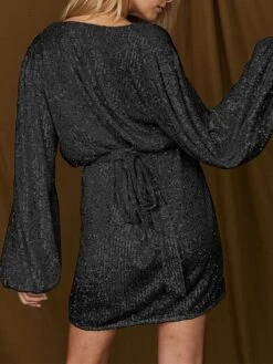 Women‘s Party Dress Sequin Dress Homecoming Dress Cocktail Dress Mini Dress Black White Champagne Long Sleeve Pure Color Sparkly Glitter Lace Up Fall Winter Autumn V Neck Wedding Guest -Tesla Style pdvjdr1694592548887