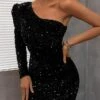 Women's Party Dress Sequin Dress Cocktail Dress Mini Dress Black Pink Wine Long Sleeve Pure Color Sequins Spring Fall Winter One Shoulder Fashion Party Winter Dress Wedding Guest 2022 XS S M L XL