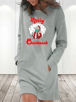 Women‘s Christmas Hoodie Dress Winter Dress Light Blue Grey White Long Sleeve Letter Santa Claus Pocket Print Winter Fall Crew Neck Stylish Fall Dress Loose Fit 2022 S M L XL 2XL / Cotton -Tesla Style pejdpx1666343455500