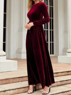 Women's Party Dress Velvet Dress Emerald Green Dress Long Dress Maxi Dress Black Wine Green Long Sleeve Pure Color Lace Up Spring Fall Winter Round Neck Fashion Winter Dress Fall Dress Spring Dress -Tesla Style pemclr1664430784121