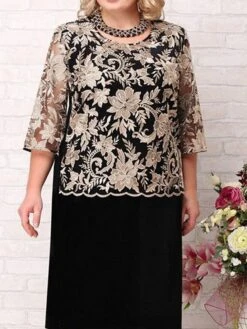 Women's Plus Size Party Dress Lace Dress Cocktail Dress Midi Dress Black 3/4 Length Sleeve Pure Color Lace Spring Fall Winter Crew Neck Fashion Winter Dress Wedding Guest 2023 L XL XXL 3XL 4XL 5XL -Tesla Style peqyoo1697444370362