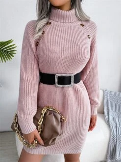 Women's Sweater Dress Winter Dress Jumper Dress Mini Dress Button Outdoor Street Daily Fashion Streetwear Turtleneck Long Sleeve 2023 Loose Fit White Pink Army Green Color S M L Size -Tesla Style perdzs1694154092484
