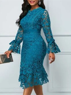 Women's Party Dress Lace Dress Cocktail Dress Midi Dress Light Blue Long Sleeve Pure Color Lace Spring Fall Winter Stand Collar Fashion Winter Dress Wedding Guest Vacation 2023 S M L XL XXL -Tesla Style peyurx1694759636339