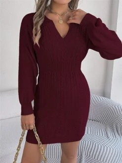 Women's Sweater Dress Winter Dress Jumper Dress Mini Dress Warm Pure Color Outdoor Casual Holiday Vacation V Neck Long Sleeve 2023 Regular Fit Pink Burgundy Green S M L -Tesla Style pfdmxd1696926505132