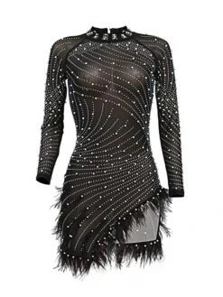 Women's Party Dress Feather Dress Sheath Dress Mini Dress Black White Pink Long Sleeve Pure Color Mesh Fall Winter Autumn Stand Collar Fashion Party Winter Dress Fall Dress Slim 2023 S M L XL XXL