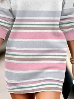 Women's Casual Dress Sweatshirt Dress Winter Dress Stripe Print Crew Neck Mini Dress Fashion Streetwear Outdoor Daily Long Sleeve Loose Fit Pink Fall Winter S M L XL XXL -Tesla Style pfgshv1694164513954