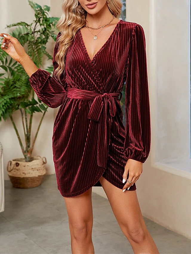 Women's Party Dress Velvet Dress Cocktail Dress Mini Dress Wine Long Sleeve Pure Color Lace Up Spring Fall Winter V Neck Fashion Winter Dress Wedding Guest Vacation 2023 S M L XL XXL 5 Women's Party Dress Velvet Dress Cocktail Dress Mini Dress Wine Long Sleeve Pure Color Lace Up Spring Fall Winter V Neck Fashion Winter Dress Wedding Guest Vacation 2023 S M L XL XXL - Image 3