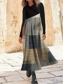 Women's Work Dress Casual Dress Swing Dress Fashion Winter Dress Daily Long Dress Maxi Dress Button Print V Neck Long Sleeve Geometric Houndstooth Regular Fit Yellow Blue Khaki Fall Winter S M L XL -Tesla Style pfpdru1695264758329