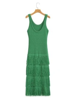 Women's Prom Dress Party Dress Fringe Dress Midi Dress Black Green Sleeveless Pure Color Tassel Fringe Fall Winter Autumn U Neck Vintage Vacation 2023 S M L -Tesla Style pfpews1695208430617