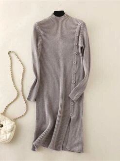 Women's Sweater Dress Jumper Dress Winter Dress Mini Dress Warm Plain Outdoor Daily Vacation Going Out Turtleneck Long Sleeve Button 2023 Slim Black Brown Khaki One Size -Tesla Style pfwxtw1697767798074