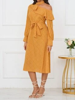 Women's Work Dress Casual Dress Swing Dress Fashion Winter Dress Daily Midi Dress Lace Up Ruched Crew Neck Long Sleeve Floral Loose Fit Yellow Fall Winter S M L XL -Tesla Style pgheqn1695645225971