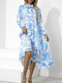 Women's Work Dress Swing Dress Semi Formal Dress Fashion Midi Dress Print Stand Collar Long Sleeve Floral Loose Fit Red Blue Green Fall S M L XL XXL -Tesla Style pgopvj1693300619121