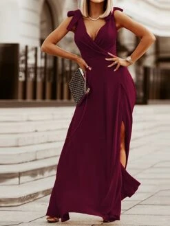 Women‘s Prom Party Dress Swing Dress Long Dress Maxi Dress Green Wine Khaki Sleeveless Pure Color Ruched Spring Summer V Neck Party Wedding Guest Loose Fit 2023 S M L XL -Tesla Style pgoucz1650943476920