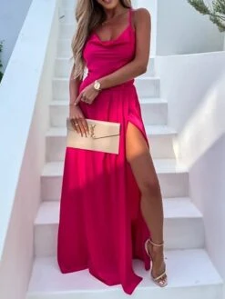 Women's Prom Dress Party Dress Satin Dress Pink Dress Long Dress Maxi Dress Fuchsia Khaki Sleeveless Pure Color Backless Summer Spring Fall Spaghetti Strap Fashion Birthday Evening Wedding Guest 2023 -Tesla Style pgpzmy1663237138888