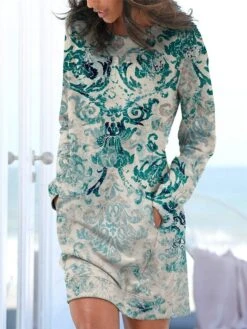 Women's Casual Dress Sweatshirt Dress Winter Dress Floral Tribal Pocket Print Crew Neck Mini Dress Vintage Ethnic Outdoor Daily Long Sleeve Loose Fit Royal Blue Blue Dusty Blue Fall Winter S M L XL -Tesla Style pgujnz1694077853336