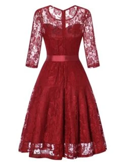 Women's Party Dress Lace Dress Wedding Guest Dress Midi Dress Wine Navy Blue 3/4 Length Sleeve Pure Color Lace Summer Spring Fall Crew Neck Fashion Party Wedding Guest Vacation 2022 S M L XL XXL -Tesla Style phfexq1631861636462