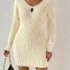 Women's Sweater Dress Jumper Dress Casual Dress Mini Dress Warm Pure Color Outdoor Casual Daily Holiday V Neck Long Sleeve Cut Out 2023 Regular Fit Beige XL XXL 3XL -Tesla Style phidqp1695643723868