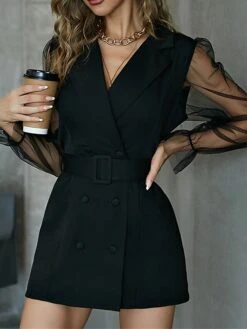 Women's Work Dress Blazer Dress Sheath Dress Fashion Office Daily Workfashion Mesh Sleeve Mini Dress Mesh Button Shirt Collar Long Sleeve Plain Regular Fit Black Dark Green Green Fall Winter S M L -Tesla Style phtypl1697711843422