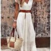 Women's Party Dress Lace Dress White Dress Long Dress Maxi Dress White Short Sleeve Pure Color Lace Spring Summer V Neck S M L XL XXL 3XL -Tesla Style phwaas1625815386094