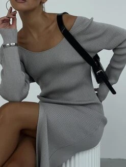 Women's Sweater Dress Winter Dress Jumper Dress Midi Dress Split Outdoor Daily Vacation Fashion Streetwear V Neck Long Sleeve 2023 Regular Fit Black White Green Color S M L Size -Tesla Style phwyyz1692614179745