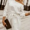 Women's Work Dress Casual Dress White Dress Fashion Daily Workfashion Mini Dress Patchwork Crew Neck Long Sleeve Plain Loose Fit White Khaki Fall Winter S M L XL -Tesla Style pjcbvk1695635212595