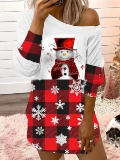 Women's Casual Dress Christmas Dress Sweatshirt Dress Plaid Cat Cold Shoulder Print One Shoulder Mini Dress Fashion Streetwear Outdoor Christmas Long Sleeve Loose Fit Black Red Burgundy Fall Winter S