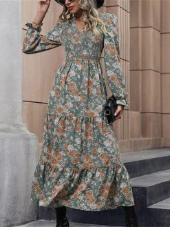 Women's Work Dress Casual Dress Swing Dress Fashion Winter Dress Daily Midi Dress Ruched Print V Neck Long Sleeve Floral Slim Green Fall Winter S M L XL -Tesla Style pjwnrs1695096213843