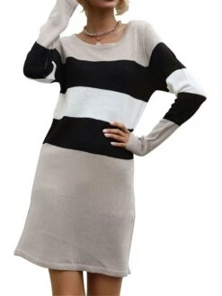 Women's Sweater Dress Winter Dress Jumper Dress Mini Dress Patchwork Outdoor Street Daily Active Fashion Crew Neck Long Sleeve 2023 Regular Fit Khaki Color S M L Size -Tesla Style pjzmei1695036368296