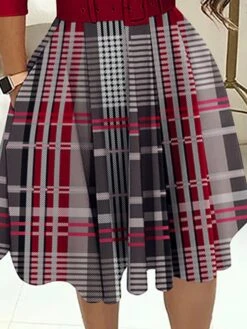 Women's Work Dress Casual Dress Semi Formal Dress Fashion Office Daily Workfashion Midi Dress Zipper Pocket Crew Neck 3/4 Length Sleeve Plaid Regular Fit Red Fall Winter S M L XL XXL -Tesla Style pkgxjp1695645212300