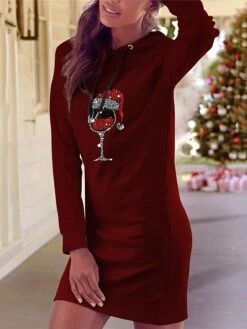 Women's Casual Dress Hoodie Dress Winter Dress Christmas Hat Print Hooded Mini Dress Fashion Streetwear Outdoor Christmas Long Sleeve Loose Fit Black Wine Fall Winter S M L XL XXL -Tesla Style pkohsd1695807737609