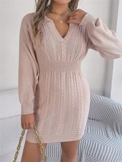 Women's Sweater Dress Winter Dress Jumper Dress Mini Dress Warm Pure Color Outdoor Casual Holiday Vacation V Neck Long Sleeve 2023 Regular Fit Pink Burgundy Green S M L -Tesla Style pkugsu1696926500292