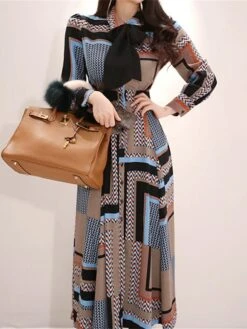 Women's Work Dress Sheath Dress Swing Dress Fashion Winter Dress Office Daily Long Dress Maxi Dress Button Print V Neck Long Sleeve Stripe Print Regular Fit Khaki Fall Winter S M L XL -Tesla Style pkxtok1695030992010