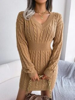 Women's Sweater Dress Jumper Dress Casual Dress Mini Dress Fashion Pure Color Outdoor Daily Vacation Going Out V Neck Long Sleeve Patchwork 2023 Regular Fit White Blue Khaki S M L -Tesla Style plbvtk1695030477716