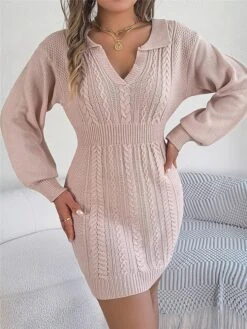 Women's Sweater Dress Winter Dress Jumper Dress Mini Dress Warm Pure Color Outdoor Casual Holiday Vacation V Neck Long Sleeve 2023 Regular Fit Pink Burgundy Green S M L -Tesla Style plhnni1696926501467