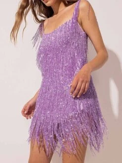 Women‘s Party Dress Fringe Dress Homecoming Dress Mini Dress Purple Gold Beige Sleeveless Pure Color Tassel Fringe Summer Spring Fall Spaghetti Strap Fashion Evening Party Vacation Fall Dress 2023 -Tesla Style pmbkdg1681873589164