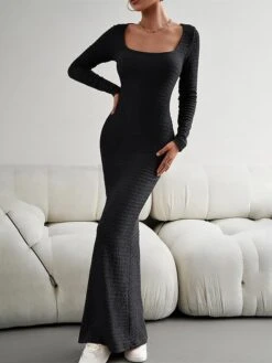 Women's Sweater Dress Jumper Dress Sheath Dress Long Dress Maxi Dress Fashion Pure Color Outdoor Daily Holiday Vacation U Neck Long Sleeve 2023 Slim Black Wine Brown S M L XL -Tesla Style pmenbj1692090319696