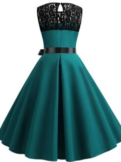 Women's Lace Dress Vintage Dress Swing Dress Black Dress Light Blue Wine Red Black Sleeveless Print Lace Up Summer Spring Fall Crew Neck Vintage -Tesla Style pmqaqm1623392155225