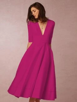 Women's Party Dress Swing Dress Emerald Green Dress Midi Dress Black White Fuchsia Half Sleeve Pure Color Ruched Spring Fall V Neck Party Evening Party 2022 S M L XL XXL XXXL -Tesla Style pmzzno1691657634206