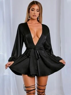 Women's Party Dress Satin Dress Sexy Dress Mini Dress Black Pink Long Sleeve Pure Color Backless Spring Fall Winter V Neck Fashion Winter Dress Fall Dress Slim 2022 S M L XL -Tesla Style pntmox1599119134891
