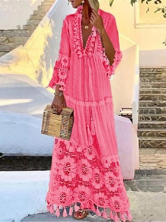 Women's Long Dress Maxi Dress Party Dress Casual Dress Sundress Pure Color Basic Bohemian Outdoor Daily Beach Lace Long Sleeve V Neck Dress Regular Fit Yellow Pink Blue Summer Spring S M L XL XXL 4 Women's Long Dress Maxi Dress Party Dress Casual Dress Sundress Pure Color Basic Bohemian Outdoor Daily Beach Lace Long Sleeve V Neck Dress Regular Fit Yellow Pink Blue Summer Spring S M L XL XXL - Image 2