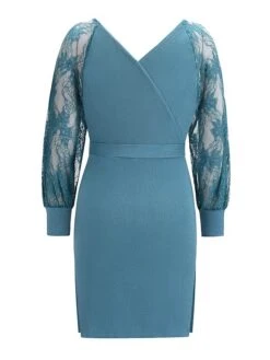 Women's Sweater Dress Knee Length Dress Blue Wine Khaki Black Long Sleeve Pure Color Lace Patchwork Fall Winter V Neck Elegant Sexy 2022 S M L XL XXL -Tesla Style poxxwm1611553996983