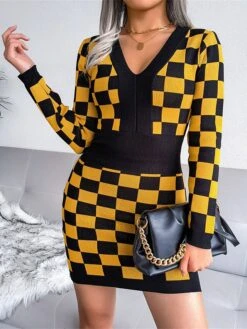 Women's Sweater Dress Jumper Dress Casual Dress Mini Dress Fashion Plaid Outdoor Daily Vacation Going Out V Neck Long Sleeve 2023 Loose Fit Black Yellow Wine One Size -Tesla Style ppaaor1694756664465