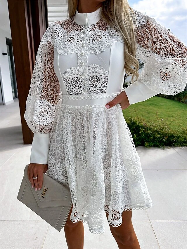 Women's Party Dress Lace Dress Homecoming Dress Mini Dress Black White Long Sleeve Pure Color Lace Summer Spring Fall Stand Collar Fashion Wedding Guest Birthday Vacation Slim 2023 S M L XL 7 Women's Party Dress Lace Dress Homecoming Dress Mini Dress Black White Long Sleeve Pure Color Lace Summer Spring Fall Stand Collar Fashion Wedding Guest Birthday Vacation Slim 2023 S M L XL - Image 5