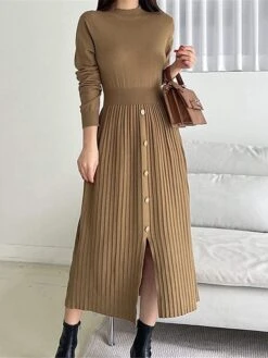 Women's Sweater Dress Winter Dress Jumper Dress Midi Dress Pleated Button Daily Date Going Out Fashion Basic Crew Neck Long Sleeve 2023 Slim Black Brown Green Color S M L XL Size -Tesla Style ppfyoe1692687926696