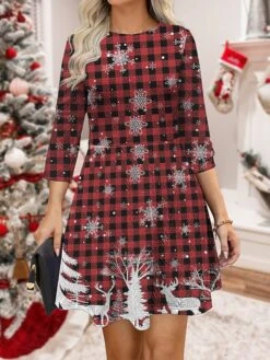 Women‘s Christmas Sweater Dress Jumper Dress Winter Dress Warm Plaid Christmas Tree Snowflake Outdoor Christmas Daily Holiday Crew Neck Long Sleeve 2023 Regular Fit Wine Red Blue S M L -Tesla Style pplmwd1695364492143