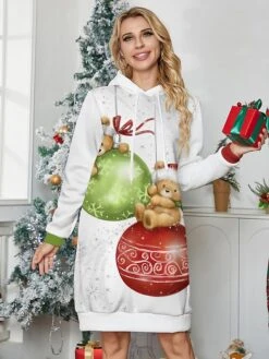 Women's Christmas Dress Hoodie Dress Mini Dress Warm Fashion Outdoor Christmas Holiday Hoodie Print Print Loose Fit White S M L XL XXL